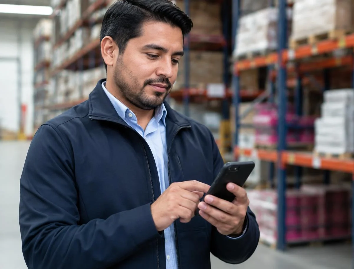 Supervisor usando una app móvil de la empresa en un almacén