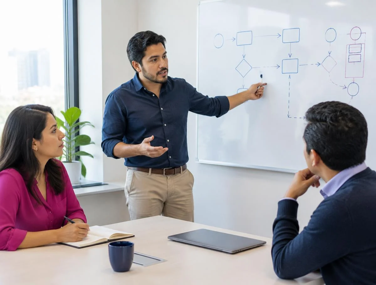 Consultor de software revisando procesos con directivos de una empresa